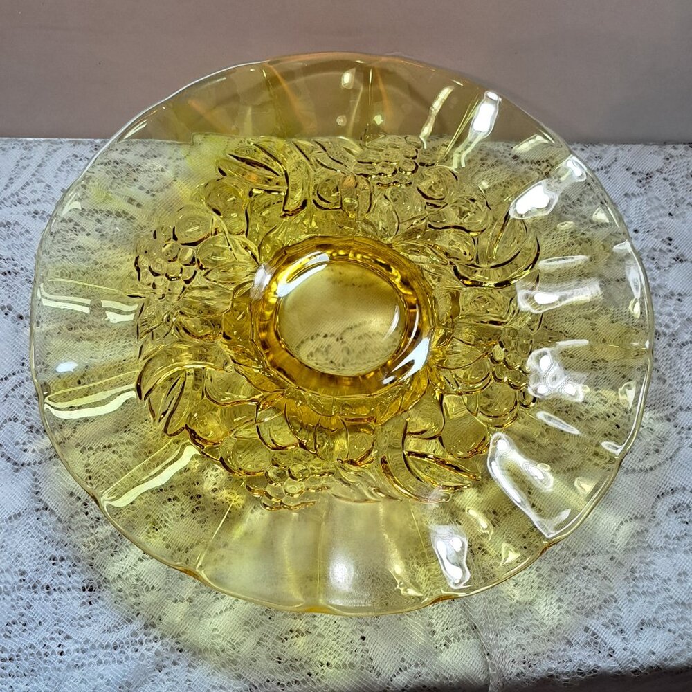 Vintage Yellow Amber Indiana Glass Pedestal Cake Plate with Fruit Center Motif